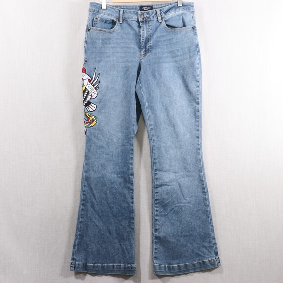 Y2K Ed Hardy Spell Out Bootcut Jeans Womens 32 Skull Snake Embroidered Denim - Picture 2 of 16